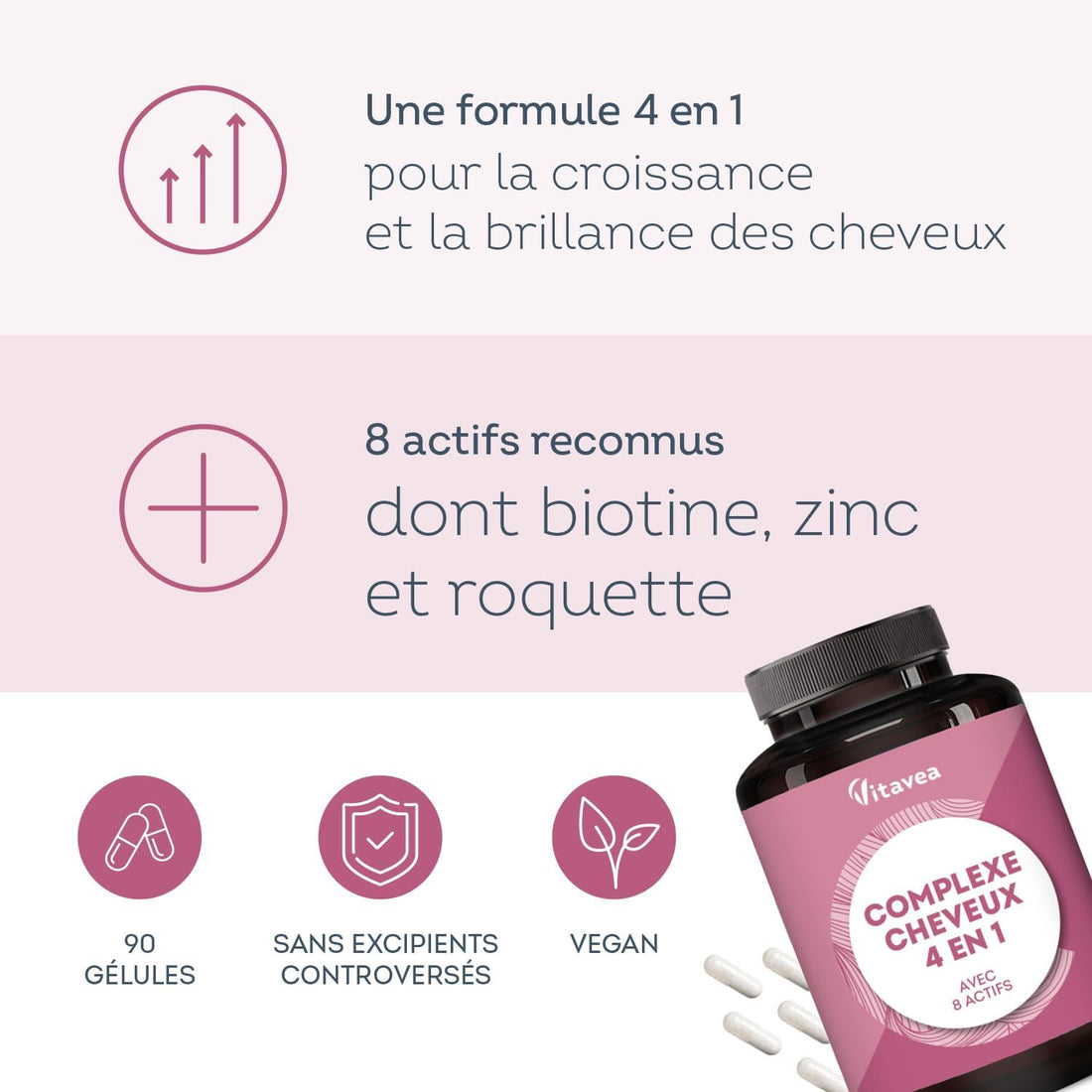 Complexe Cheveux 4en1 avec Biotine - Pousse de Cheveux, Chute de Cheveux, Brillance, Force - 8 Actifs dont Zinc et Roquette - 90 gélules - Vegan, Fabriqué en France - Vitavea