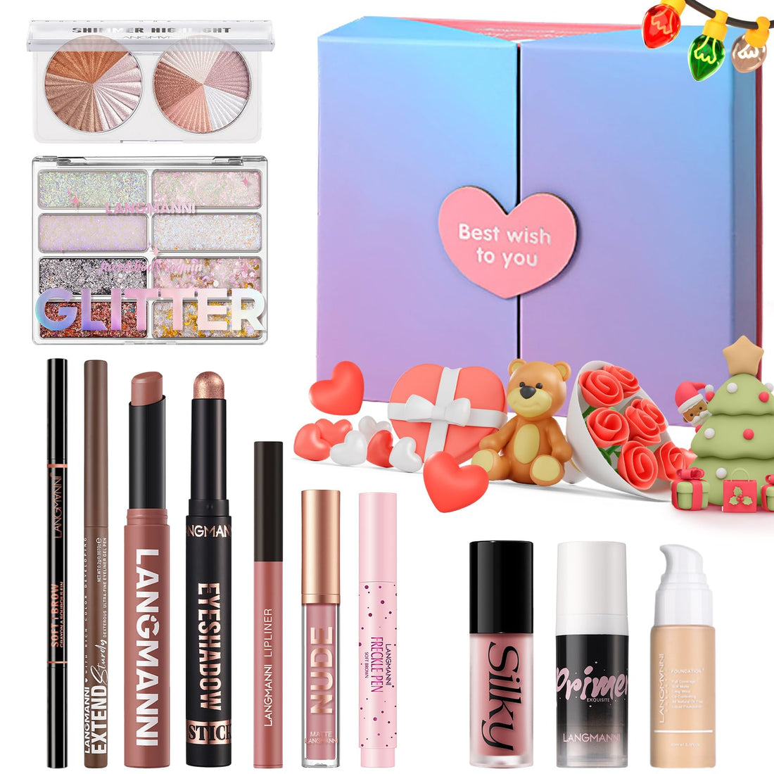 Beauté 26 Pièces Coffret de Noël, Kit cosmétique complet avec ombres à paupières, fond de teint, correcteur, brillant à lèvres, blush et eyeliner, kit cadeau de Noël pour les femmes et les filles