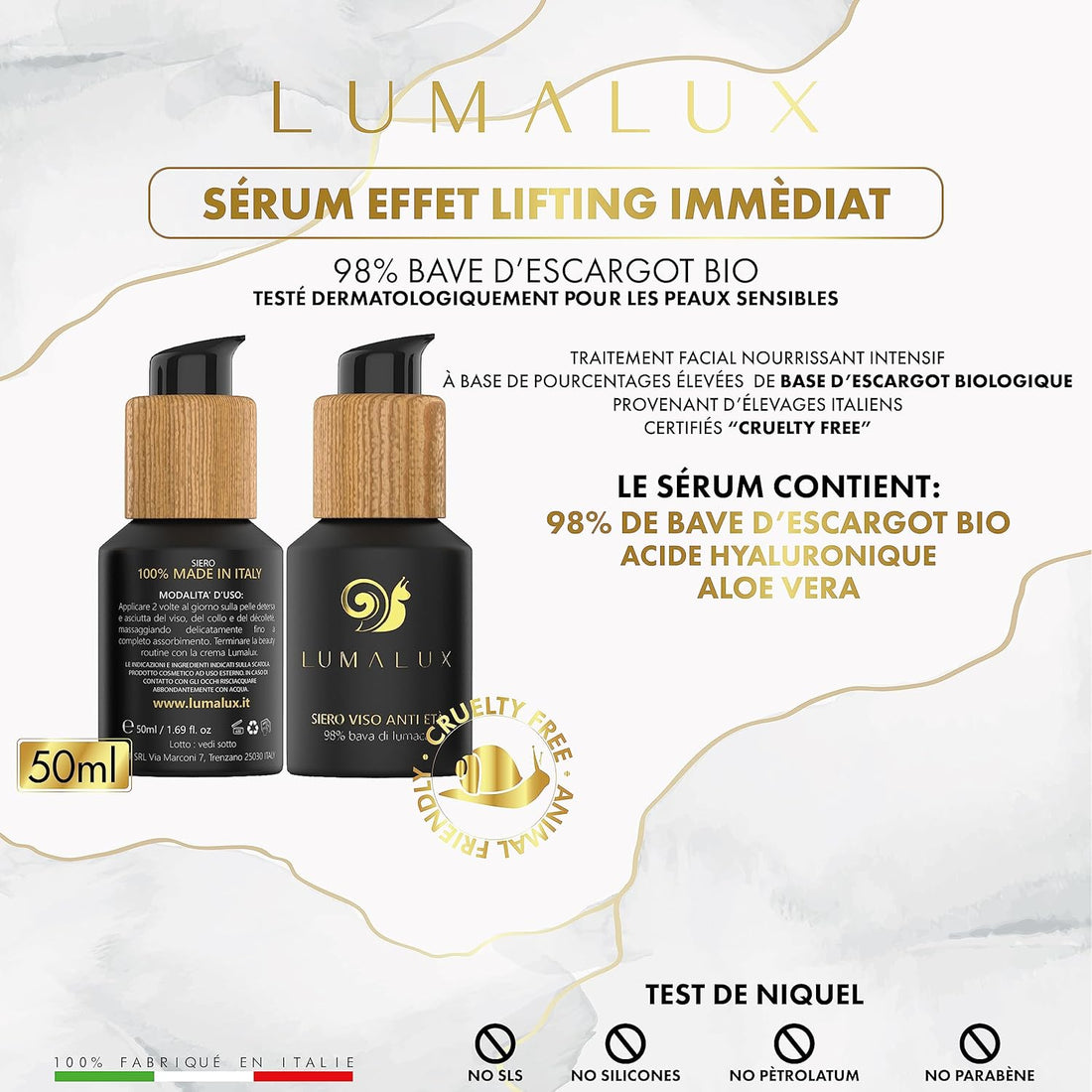Lumalux COMBOPACK soins pour le visage - serum acide hyaluronique 98% de bave d’escargot 50ml et crème bave d'escargot BIO à 75% 50ml - Acide Hyaluronique, Aloe Vera, Vitamine E