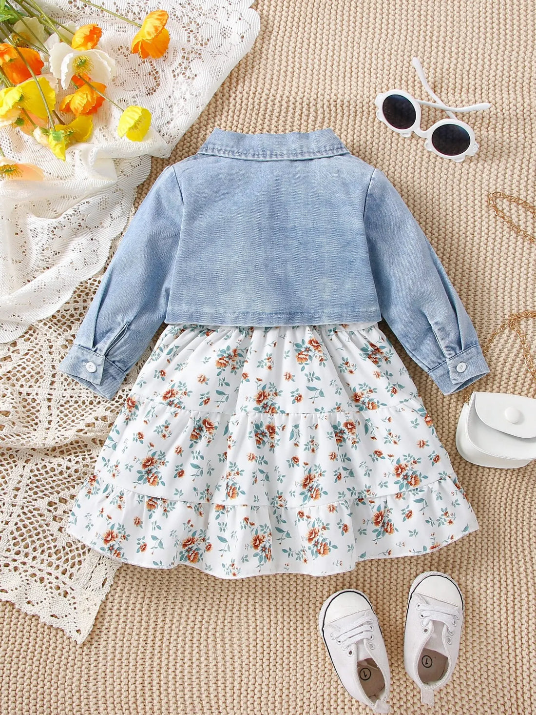 Comfortable Denim Long Sleeve Floral Dress Set